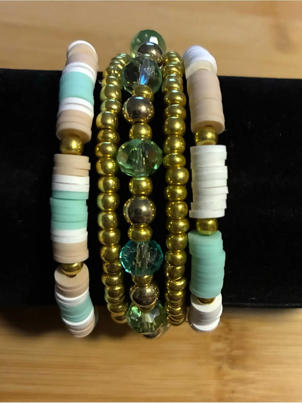 Gold and Mint Heishi Stackable Beaded Bracelet Set